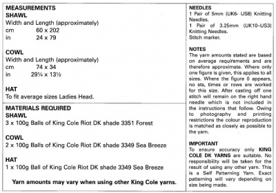 Knitting Pattern - King Cole 5400 - Riot DK - Ladies Shawl, Cowl & Hat
